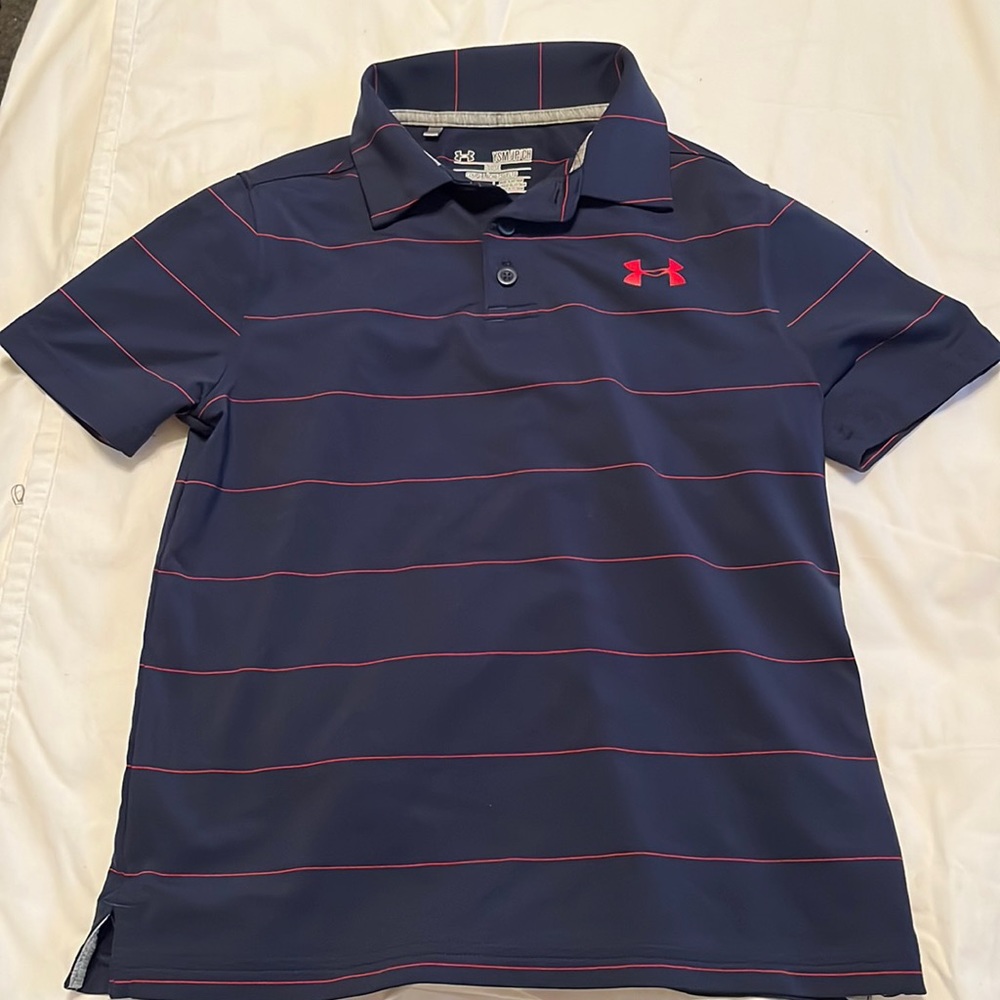 Youth Size SM or LG blue with red stripes boys Under Armour golf polo shirt